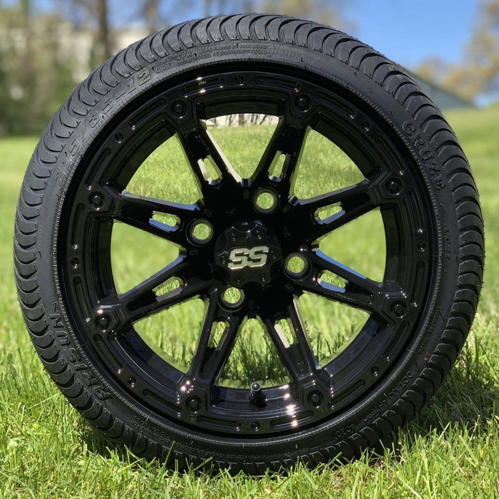 12" Volt Gloss Black Aluminum SS Golf Cart Wheels and 215/35-12 Low-Profile Arisun Cruze DOT Street & Turf Tires Combo - Set of 4 - GOLFCARTSTUFF.COM™
