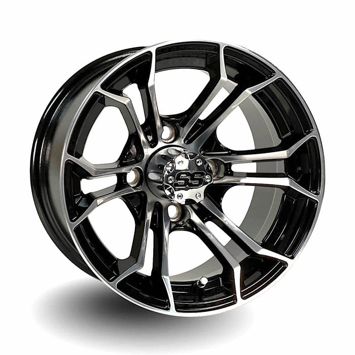 12" Spyder Black & Machined Aluminum Golf Cart Wheels and 215/50-12 Comfortride DOT Street & Turf Tires Combo - Set of 4