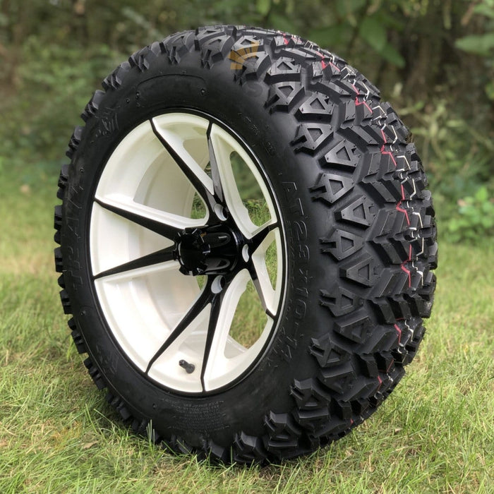 14" Apollo White/Black Aluminum Golf Cart Wheels and 23x10-14 DOT All Terrain Off-Road Golf Cart Tires Combo- Set of 4 (Choose your tire!) - GOLFCARTSTUFF.COM™