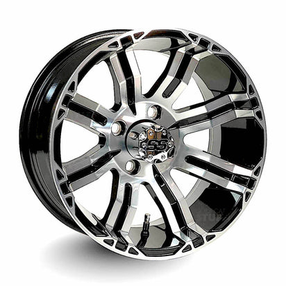 14" Caliber Black/Machined Aluminum Golf Cart Wheels - 14"x7" ET-15 Offset - GOLFCARTSTUFF.COM™