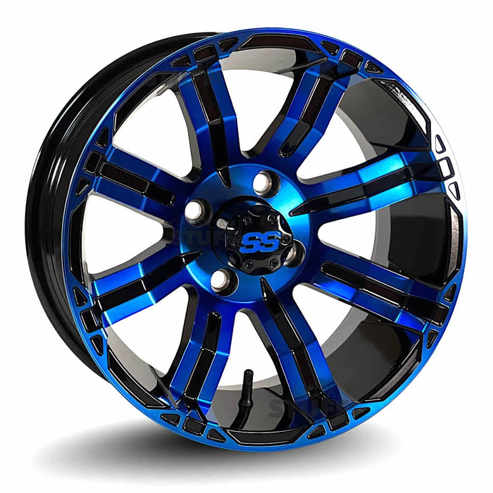 14" Caliber Electric Blue/Black GCS™ Colorway Aluminum Golf Cart Wheels - 14"x7" ET-15 Offset - GOLFCARTSTUFF.COM™