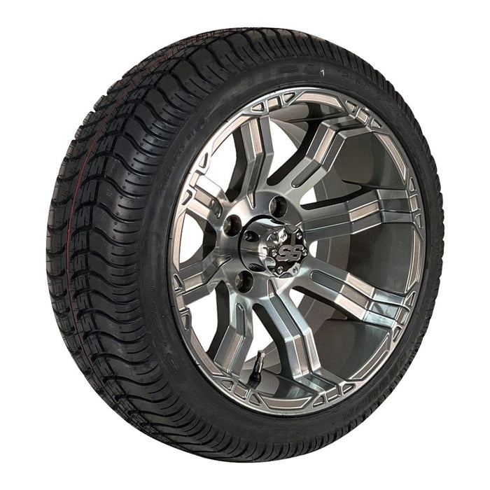14" Caliber Gunmetal/Machined Golf Cart Wheels and 205/30-14 Low-Profile DOT Street & Turf Tires Combo - Set of 4 - GOLFCARTSTUFF.COM™