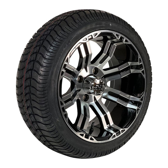 14" Caliber Machined Black Golf Cart Wheels and 205/30-14 Low-Profile DOT Street & Turf Tires Combo - Set of 4 - GOLFCARTSTUFF.COM™
