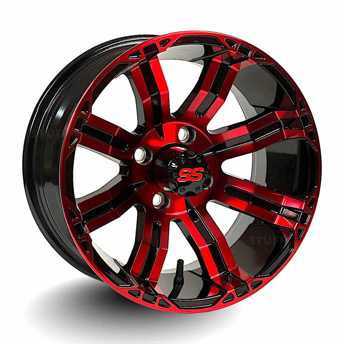14" Caliber Ruby Red/Black GCS™ Colorway Aluminum Golf Cart Wheels - 14"x7" ET-15 Offset - GOLFCARTSTUFF.COM™
