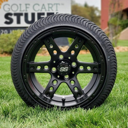 14" Dominator Aluminum SS Wheels in Matte Black Finish and 205/30-14 Low-Profile Arisun Cruze Turf Tires Combo - Set of 4 - GOLFCARTSTUFF.COM™