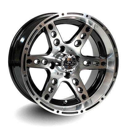 14" Dominator Black & Machined Aluminum Golf Cart Wheels - 14"x7" ET-15 Offset - GOLFCARTSTUFF.COM™