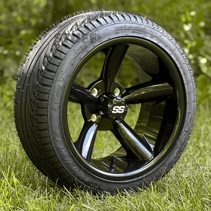 14" Godfather Gloss Black Aluminum Golf Cart Wheels and 205/30-14 Low-Profile DOT Street & Turf Tires Combo - Set of 4 (Select your tire!) - GOLFCARTSTUFF.COM™