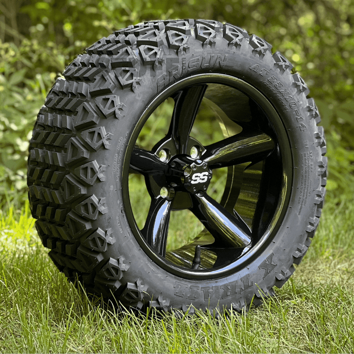 14" Godfather Gloss Black Aluminum Golf Cart Wheels and All Terrain Golf Cart Tires Combo - Set of 4 (Select your tire!) - GOLFCARTSTUFF.COM™
