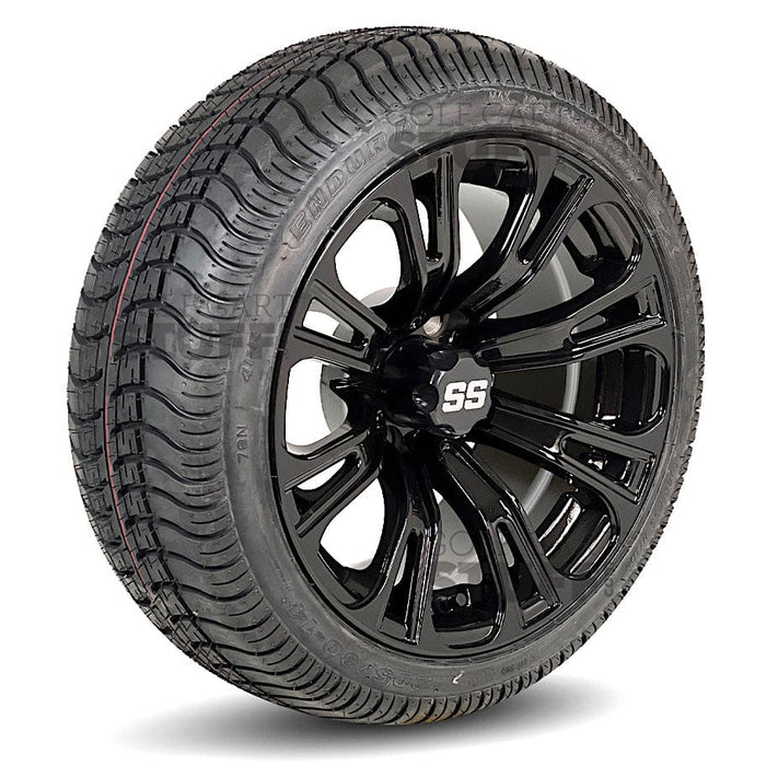 14" Voodoo Gloss Black Aluminum Golf Cart Wheels and 205/30-14 Low-Profile DOT Street & Turf Tires Combo - Set of 4 (Select your tire!)