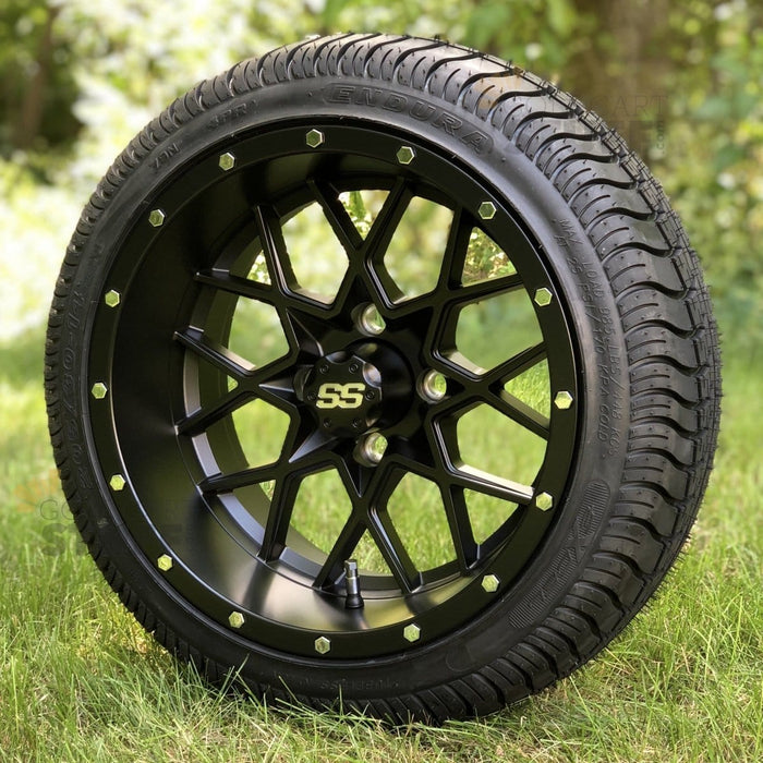 14" Matrix Matte Black Aluminum Golf Cart Wheels and 205/30-14 Low-Profile DOT Street & Turf Tires Combo - Set of 4 (Choose your tire!) - GOLFCARTSTUFF.COM™