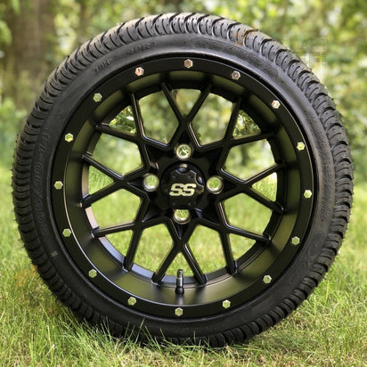 14" Matrix Matte Black Aluminum Golf Cart Wheels and 205/30-14 Low-Profile DOT Street & Turf Tires Combo - Set of 4 (Choose your tire!) - GOLFCARTSTUFF.COM™