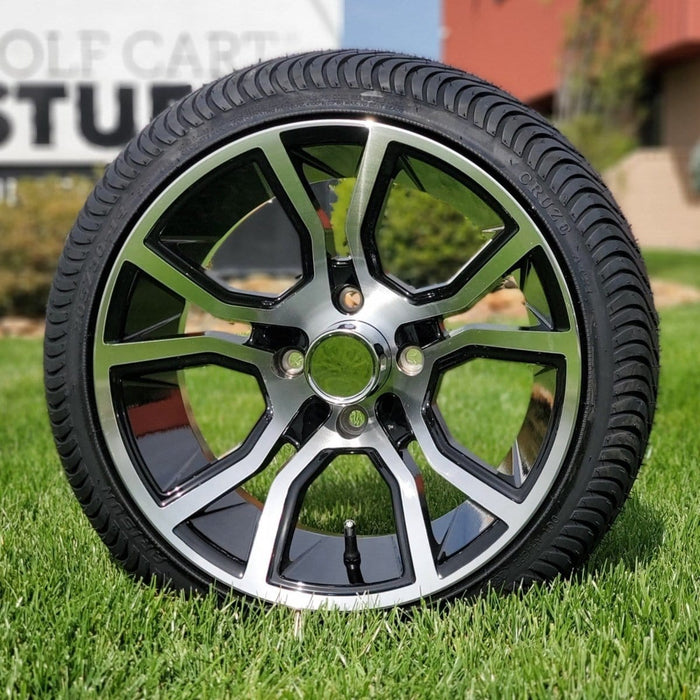 14" Slingshot Black/Machined Aluminum Golf Cart Wheels and 205/30-14 Low-Profile DOT Street & Turf Tires Combo - Set of 4 - GOLFCARTSTUFF.COM™