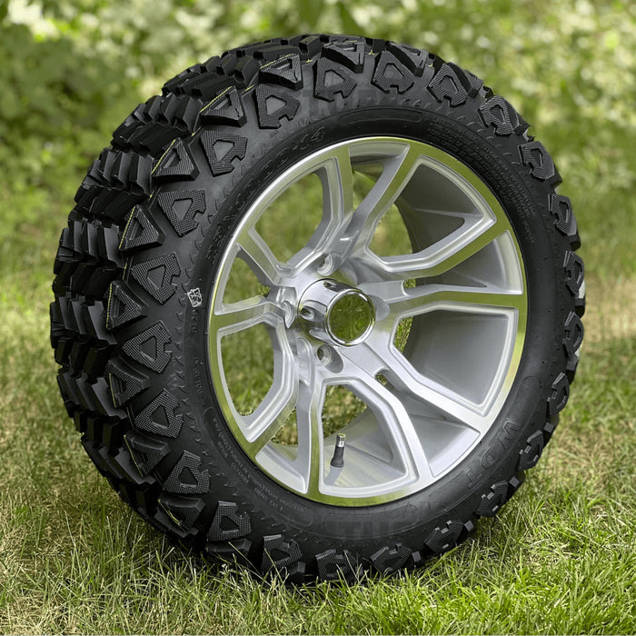 14" Slingshot Silver/Machined Aluminum Golf Cart Wheels and All Terrain Golf Cart Tires Combo - Set of 4 (Select your tire!) - GOLFCARTSTUFF.COM™
