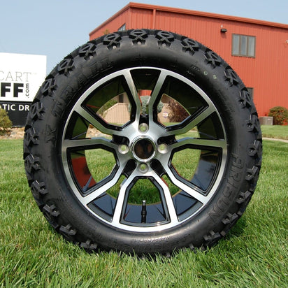 14" Slingshot Wheels in Black and Machined Aluminum Finish and 23" All-Terrain Off-Road Arisun X-Trail Tires Combo- Set of 4 - GOLFCARTSTUFF.COM™
