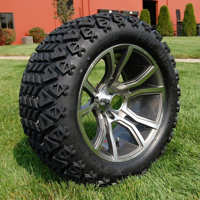 14" Slingshot Wheels in Gunmetal and Machined Aluminum Finish and 23" All-Terrain Off-Road Arisun X-Trail Tires Combo- Set of 4 - GOLFCARTSTUFF.COM™