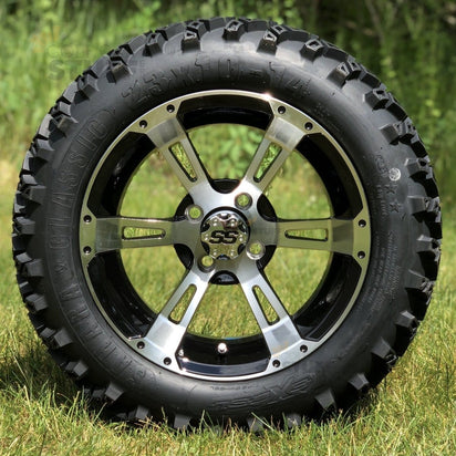 14" Stallion Black/Machined Aluminum Golf Cart Wheels and 23x10-14 Excel Sahara Classic All Terrain Off-Road Golf Cart Tires Combo- Set of 4 - GOLFCARTSTUFF.COM™
