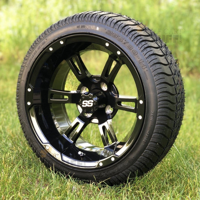 14" Stallion Gloss Black Aluminum Golf Cart Wheels and 205/30-14 Low-Profile DOT Street & Turf Tires Combo - Set of 4 - GOLFCARTSTUFF.COM™