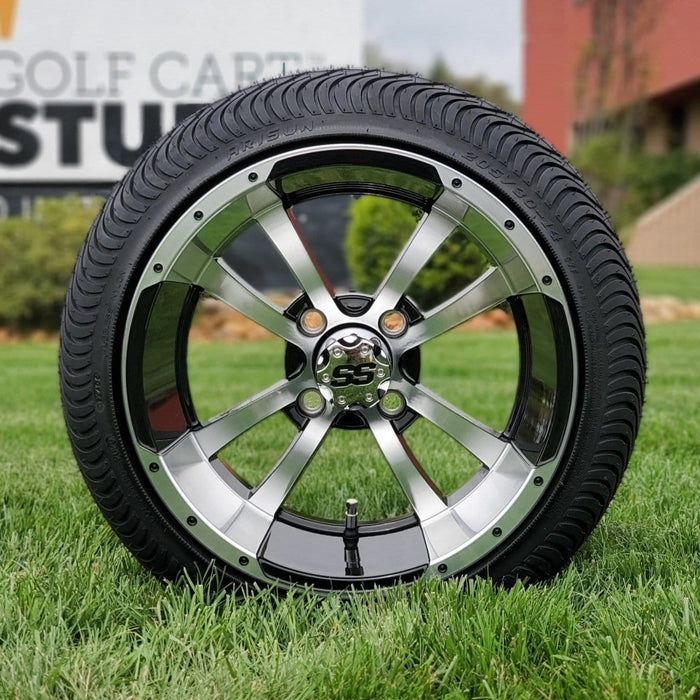 14" Storm Trooper Machined/Black Aluminum Golf Cart Wheels and 205/30-14 Low-Profile DOT Street & Turf Tires Combo - Set of 4 - GOLFCARTSTUFF.COM™