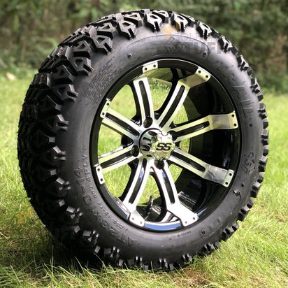 14" Tempest Black/Machined Aluminum Golf Cart Wheels and 23x10-14 DOT All Terrain Off-Road Golf Cart Tires Combo- Set of 4 (Choose your tire!) - GOLFCARTSTUFF.COM™