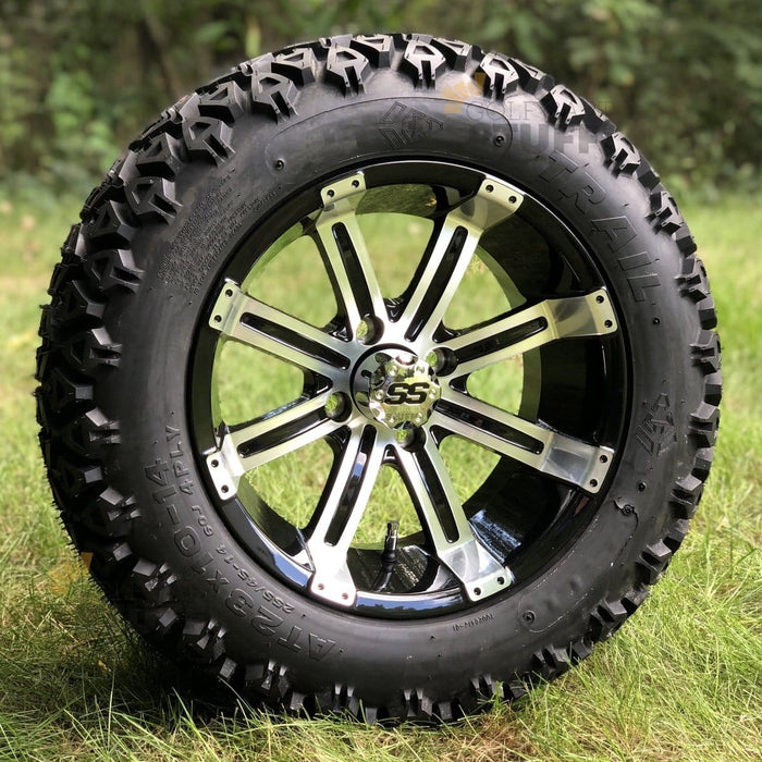 14" Tempest Black/Machined Aluminum Golf Cart Wheels and 23x10-14 DOT All Terrain Off-Road Golf Cart Tires Combo- Set of 4 (Choose your tire!) - GOLFCARTSTUFF.COM™