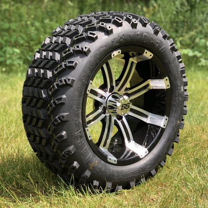 14" Tempest Black/Machined Aluminum Golf Cart Wheels and 23x10-14 Excel Sahara Classic All Terrain Off-Road Golf Cart Tires Combo- Set of 4 - GOLFCARTSTUFF.COM™