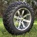 14" Tempest Gunmetal Grey and Machined Aluminum Golf Cart Wheels and 23x10-14 DOT All Terrain Trail Tires Combo- Set of 4 - GOLFCARTSTUFF.COM™