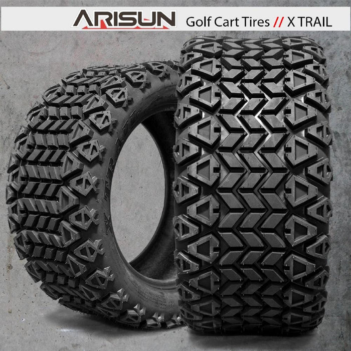 14" Tempest SS Wheels in Black and Machined Aluminum Finish and 23" All-Terrain Off-Road Arisun X-Trail Tires Combo- Set of 4 - GOLFCARTSTUFF.COM™