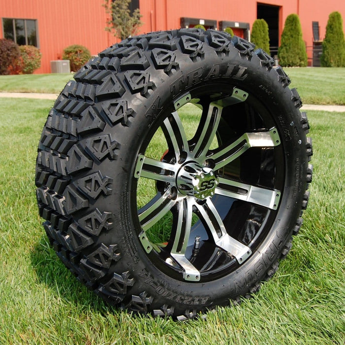 14" Tempest SS Wheels in Black and Machined Aluminum Finish and 23" All-Terrain Off-Road Arisun X-Trail Tires Combo- Set of 4 - GOLFCARTSTUFF.COM™