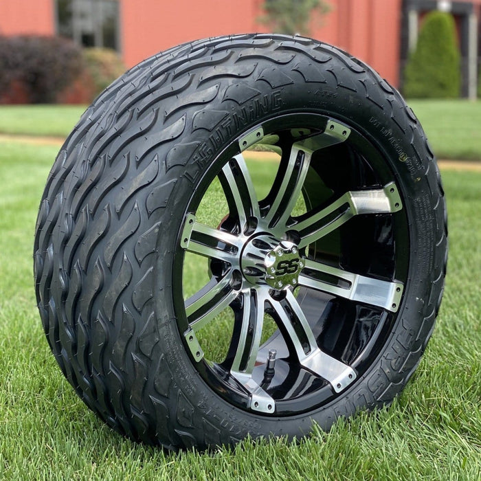 14" Tempest SS Wheels in Black and Machined Aluminum Finish and 23" Arisun Lightning Tires Combo- Set of 4 - GOLFCARTSTUFF.COM™