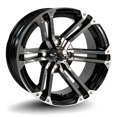 14" Terminator Black/Machined Aluminum Golf Cart Wheels - 14"x7" ET-15 Offset - GOLFCARTSTUFF.COM™