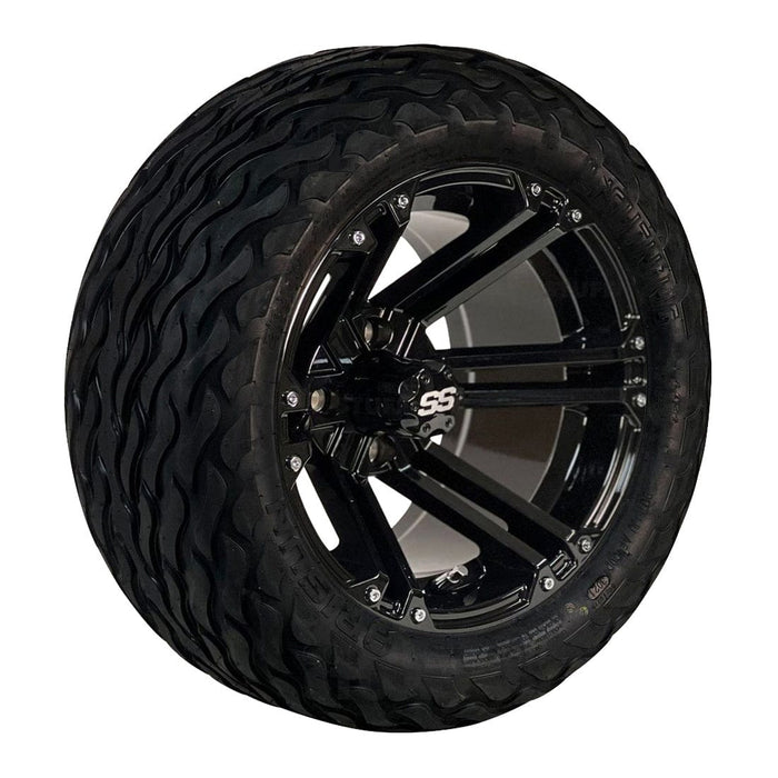 14" Terminator Gloss Black Golf Cart Wheels and 23" Arisun Lightning Tires Combo- Set of 4 - GOLFCARTSTUFF.COM™