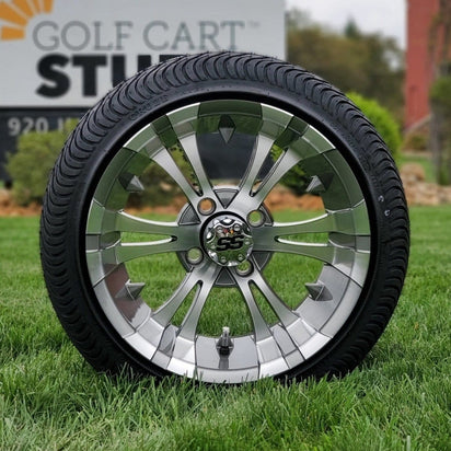 14" Vampire Aluminum SS Wheels in Gunmetal and Machined Aluminum Finish and 205/30-14 Low-Profile DOT Golf Cart Tires Combo - Set of 4 - GOLFCARTSTUFF.COM™