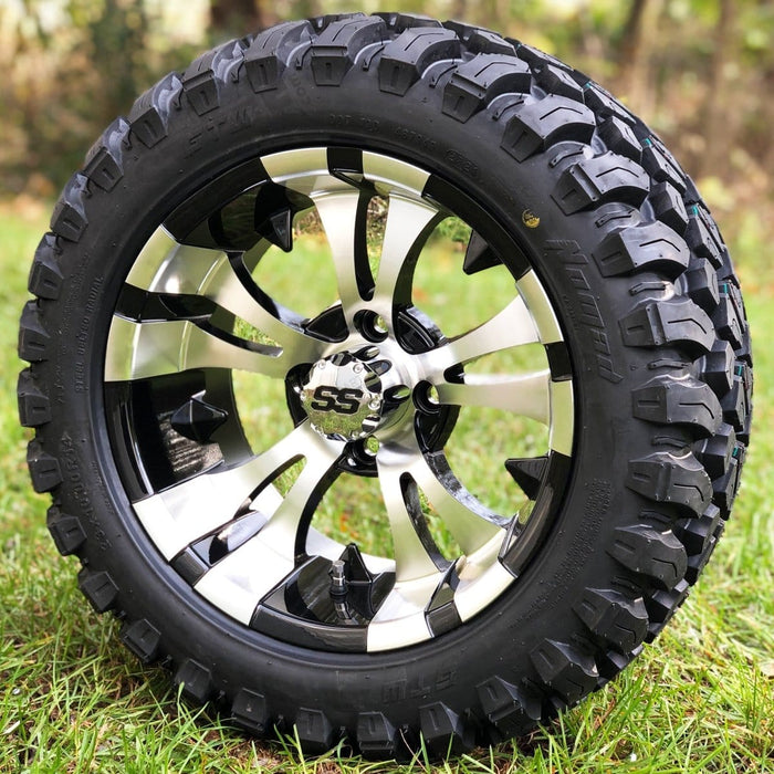 14" Vampire Black and Machined Golf Cart Wheels and 23x10R-14 GTW Nomad All Terrain Steel Belted Radial Golf Cart Tires Combo- Set of 4 - GOLFCARTSTUFF.COM™