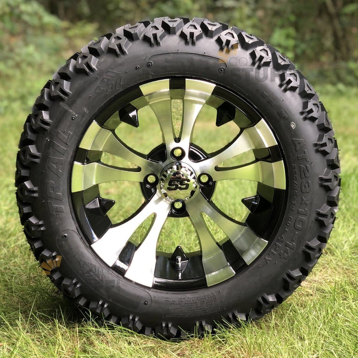 14" Vampire Black/Machined Aluminum Golf Cart Wheels and 23x10-14 DOT All Terrain Off-Road Golf Cart Tires Combo- Set of 4 (Choose your tire!) - GOLFCARTSTUFF.COM™