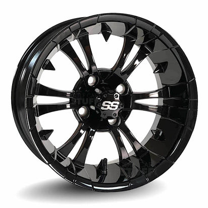 14" Vampire Gloss Black Aluminum Golf Cart Wheels - 14"x7" ET-15 Offset - GOLFCARTSTUFF.COM™