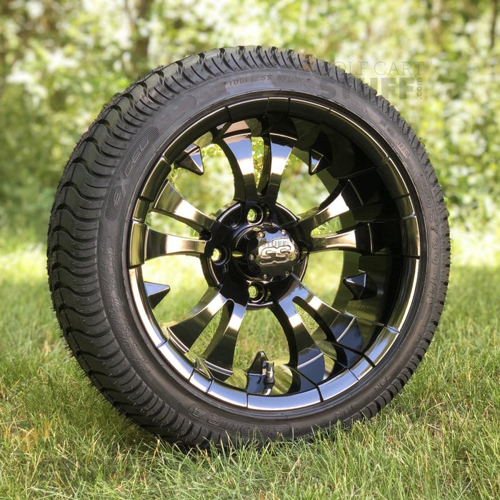 14" Vampire Gloss Black Aluminum Golf Cart Wheels and 205/30-14 Low-Profile DOT Street & Turf Tires Combo - Set of 4 (Select your tire!) - GOLFCARTSTUFF.COM™