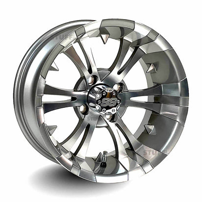 14" Vampire Gunmetal/Machined Golf Cart Wheels - 14"x7" ET-15 Offset - GOLFCARTSTUFF.COM™
