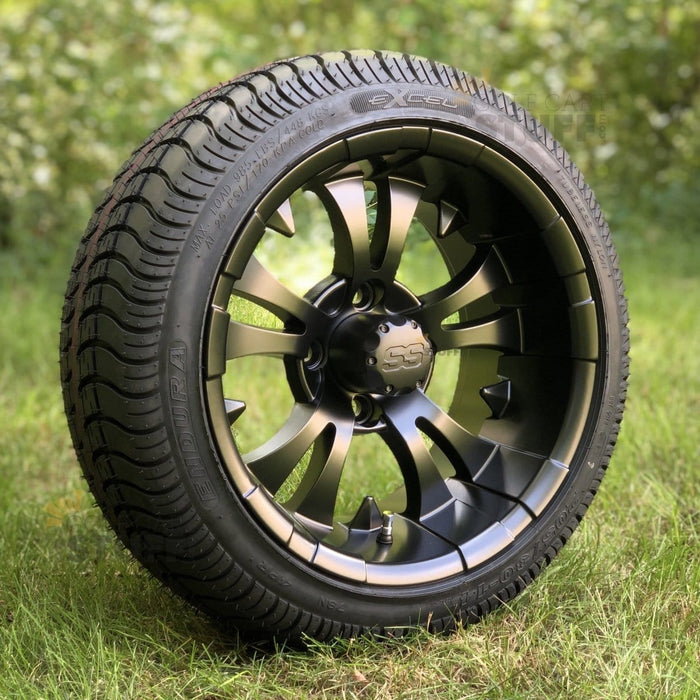 14" Vampire Matte Black Aluminum Golf Cart Wheels and 205/30-14 Low-Profile DOT Street & Turf Tires Combo - Set of 4 (Select your tire!) - GOLFCARTSTUFF.COM™