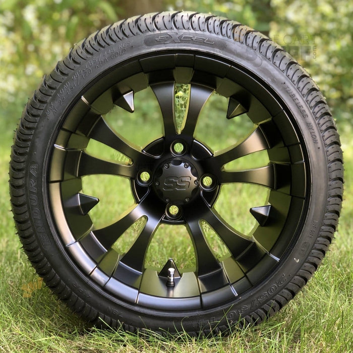 14" Vampire Matte Black Aluminum Golf Cart Wheels and 205/30-14 Low-Profile DOT Street & Turf Tires Combo - Set of 4 (Select your tire!) - GOLFCARTSTUFF.COM™