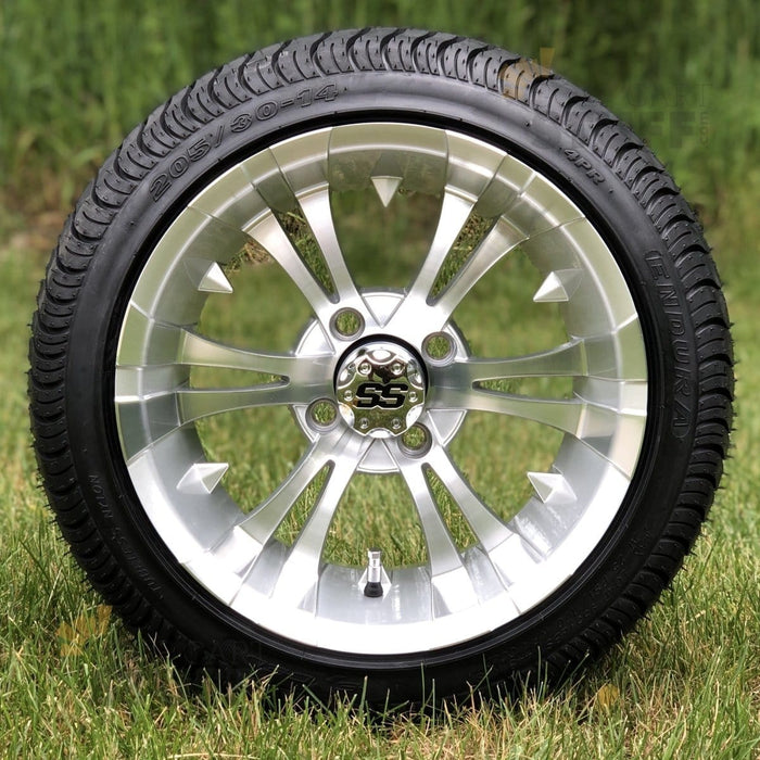 14" Vampire Silver/Machined Aluminum Golf Cart Wheels and 205/30-14 Low-Profile DOT Street & Turf Tires Combo - Set of 4 - GOLFCARTSTUFF.COM™