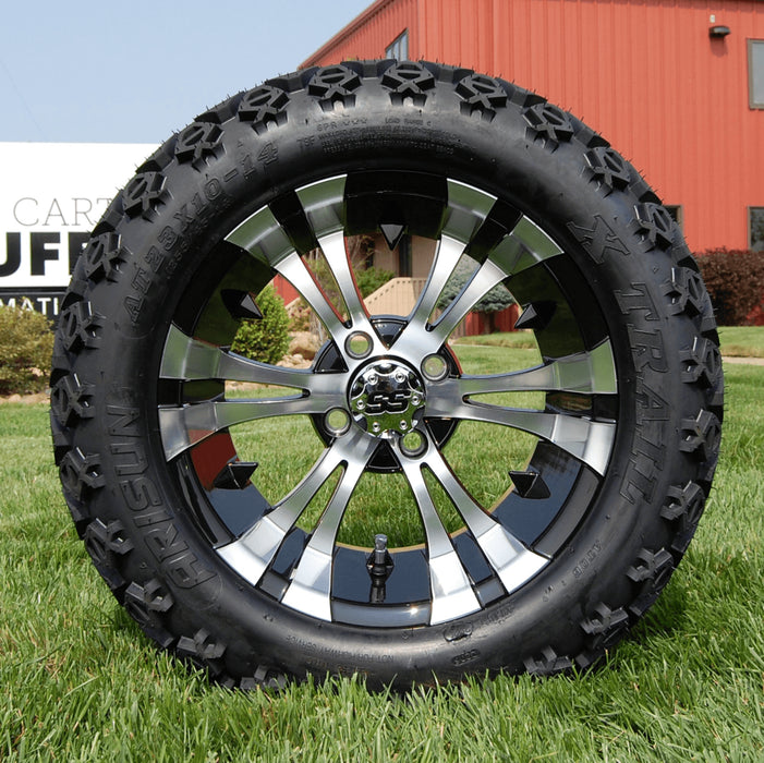 14" Vampire SS Wheels in Black and Machined Aluminum Finish and 23" All-Terrain Off-Road Arisun X-Trail Tires Combo- Set of 4 - GOLFCARTSTUFF.COM™