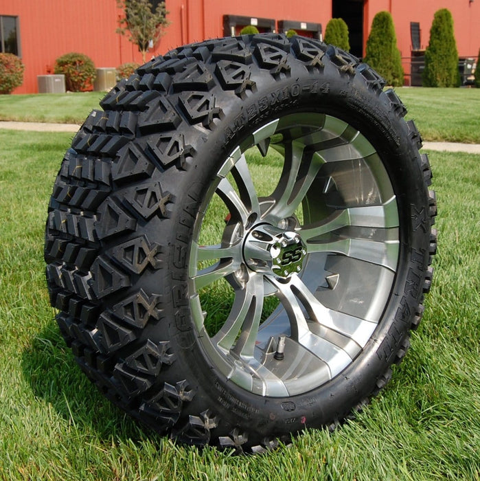 14" Vampire SS Wheels in Gunmetal and Machined Aluminum Finish and 23" DOT All Terrain Trail Tires Combo- Set of 4 - GOLFCARTSTUFF.COM™