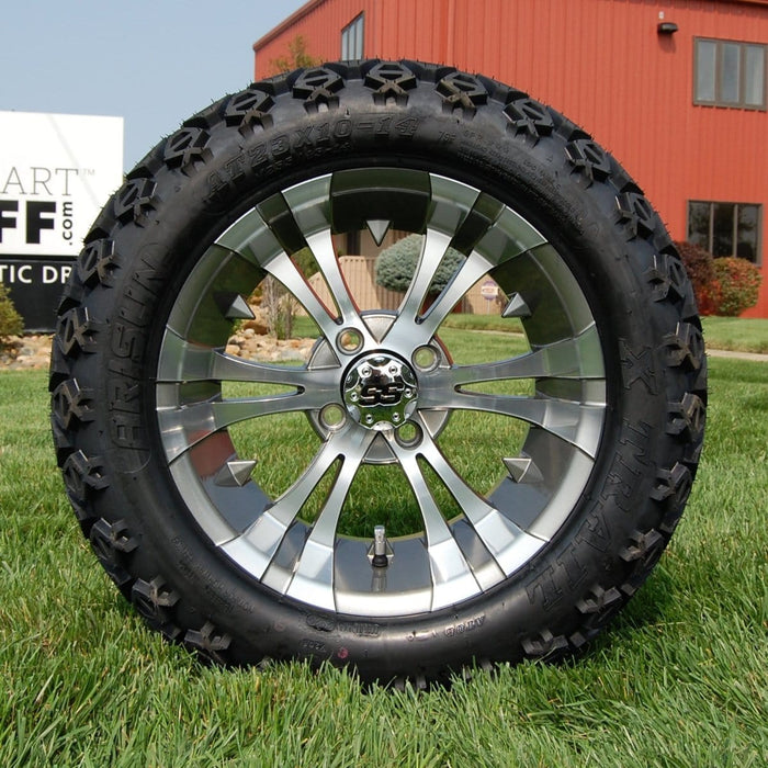 14" Vampire SS Wheels in Gunmetal and Machined Aluminum Finish and 23" DOT All Terrain Trail Tires Combo- Set of 4 - GOLFCARTSTUFF.COM™