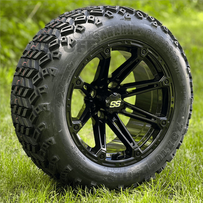 14" Volt Gloss Black Wheels and 23" Golf Cart Tires Combo- Set of 4 - GOLFCARTSTUFF.COM™