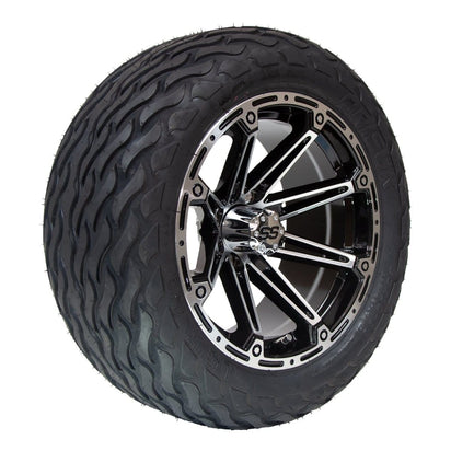14" Volt SS Wheels in Black and Machined Aluminum Finish and 23" Arisun Lightning Tires Combo- Set of 4 - GOLFCARTSTUFF.COM™