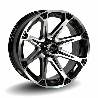 15" Fang Gloss Black & Machined Golf Cart Wheels - 15"x6" ET-25 Offset - GOLFCARTSTUFF.COM™