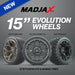 15" MadJax® Flow Form Evolution Wheels with GTW® Fusion GTR 215/40-R15 Street Tires - Set of 4 - Select Your Finish - GOLFCARTSTUFF.COM™