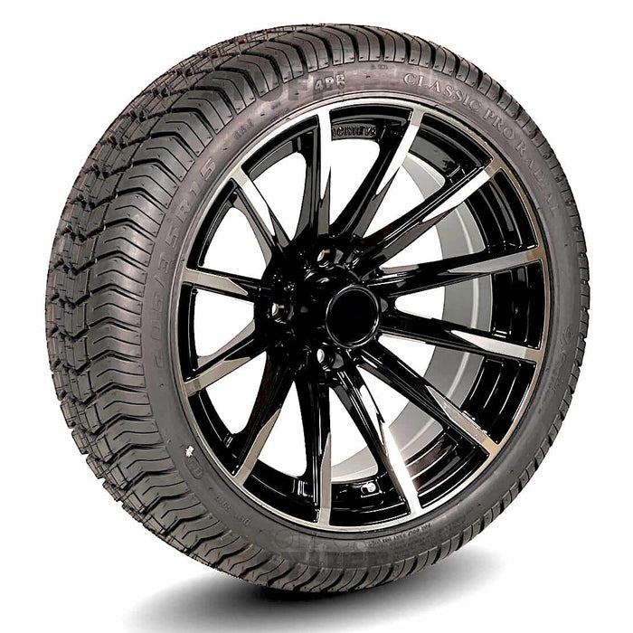 15" Sabre AR718 Gloss Black Machined Golf Cart Wheels and 205/35-R15 Low-Profile DOT Street & Turf Tires Combo - Set of 4 (Choose your tire!) - GOLFCARTSTUFF.COM™