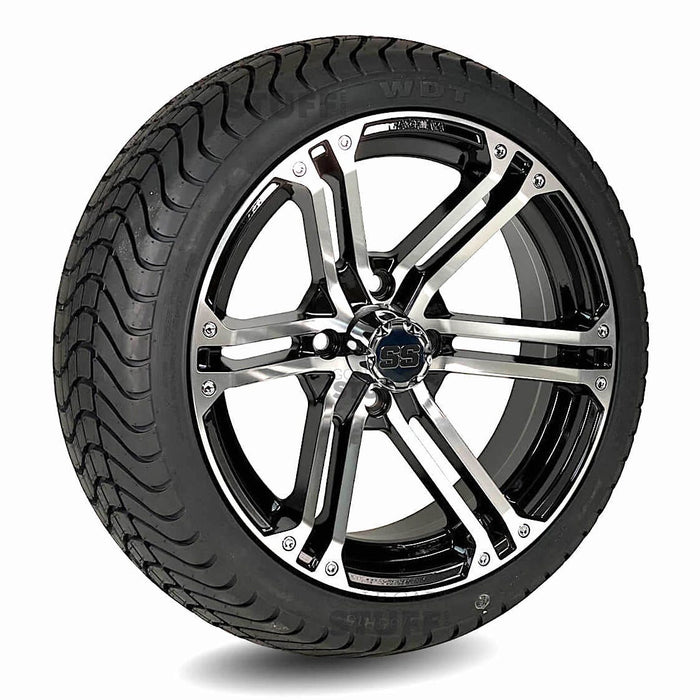 15" Terminator Black/ Machined Golf Cart Wheels and 205/35-R15 Low-Profile DOT Street & Turf Tires Combo - Set of 4 (Choose your tire!) - GOLFCARTSTUFF.COM™