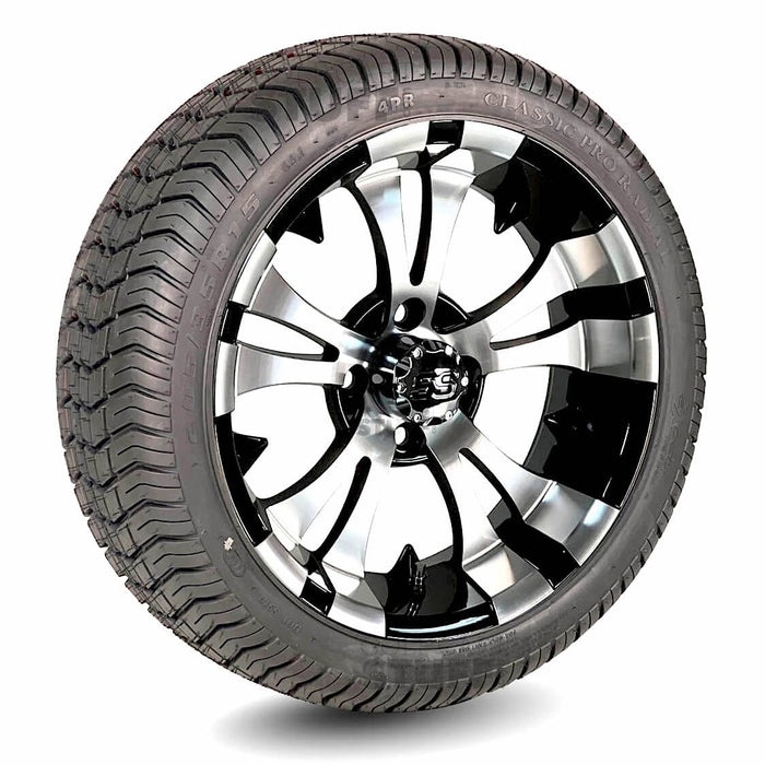 15" Vampire Black/ Machined Golf Cart Wheels and 205/35-R15 Low-Profile DOT Street & Turf Tires Combo - Set of 4 (Choose your tire!) - GOLFCARTSTUFF.COM™